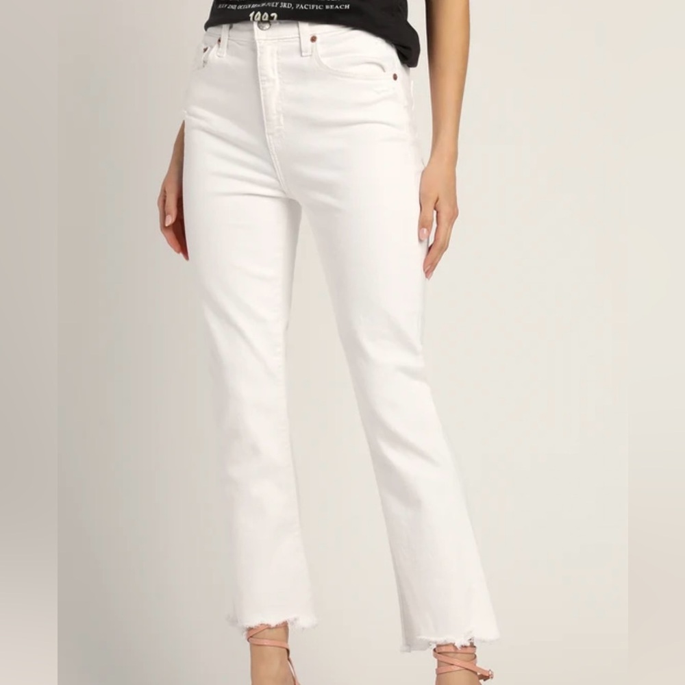 Daze Denim White High-Waisted Cropped Distressed Flare Jeans